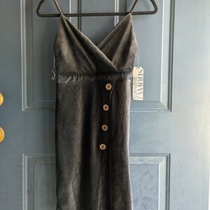 Almost Famous Charcoal Gray Spaghetti-Strap Mini Dress with Front Buttons